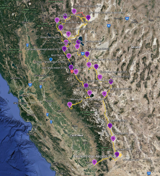 Map of the Breckenridge to Mariposa-Yosemite bush trip