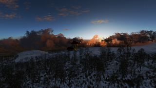 Clouds lit up by sunset, note strong forward scattering. FlightGear 2018.3.