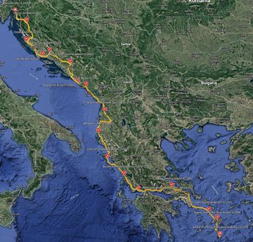 Map of the Rijeka to Santorini bush trip